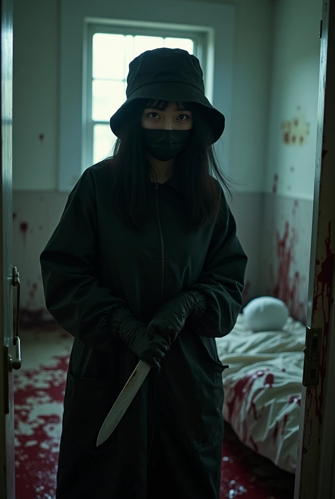 korean girl, (behind multiple corpse, holding knife), black surgical mask, black gloves, room full of blood, black raincoat, bucket hat, 20 years old, glaring at viewer, holding knife, black gloves, woman on top, behind multiple corpse, blood splatter, bed room, mass murderer, killer, blood splatter, dark atmosphere, cinematic lighting, atmospheric realistic, light from the window,
