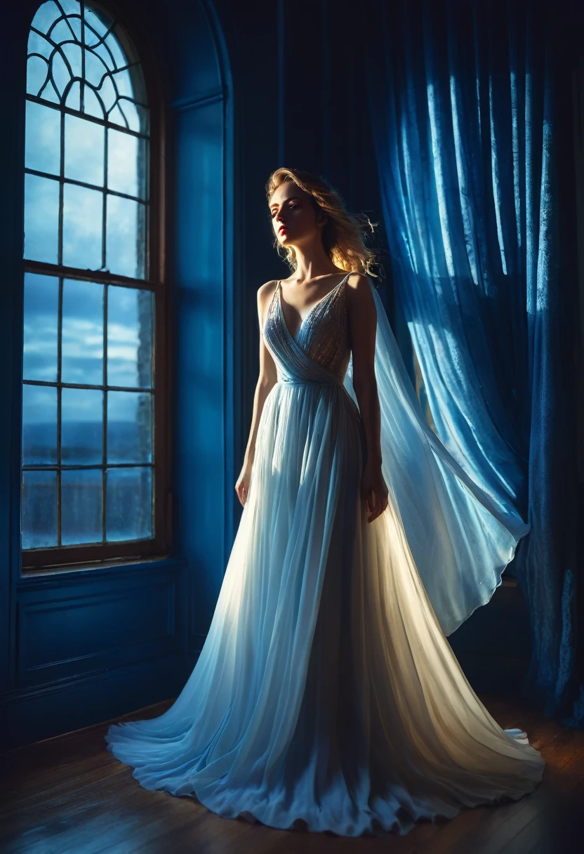 arafed woman in a dress standing in front of a window, a picture by Marie Bashkirtseff, shutterstock, romanticism, half-turned lady in evening gown, flowing gown, wearing a flowing dress, mysterious woman, haunting beautiful young woman, wearing a white flowing dress, flowing dress, woman in dress, extremely moody blue lighting, miss aniela
