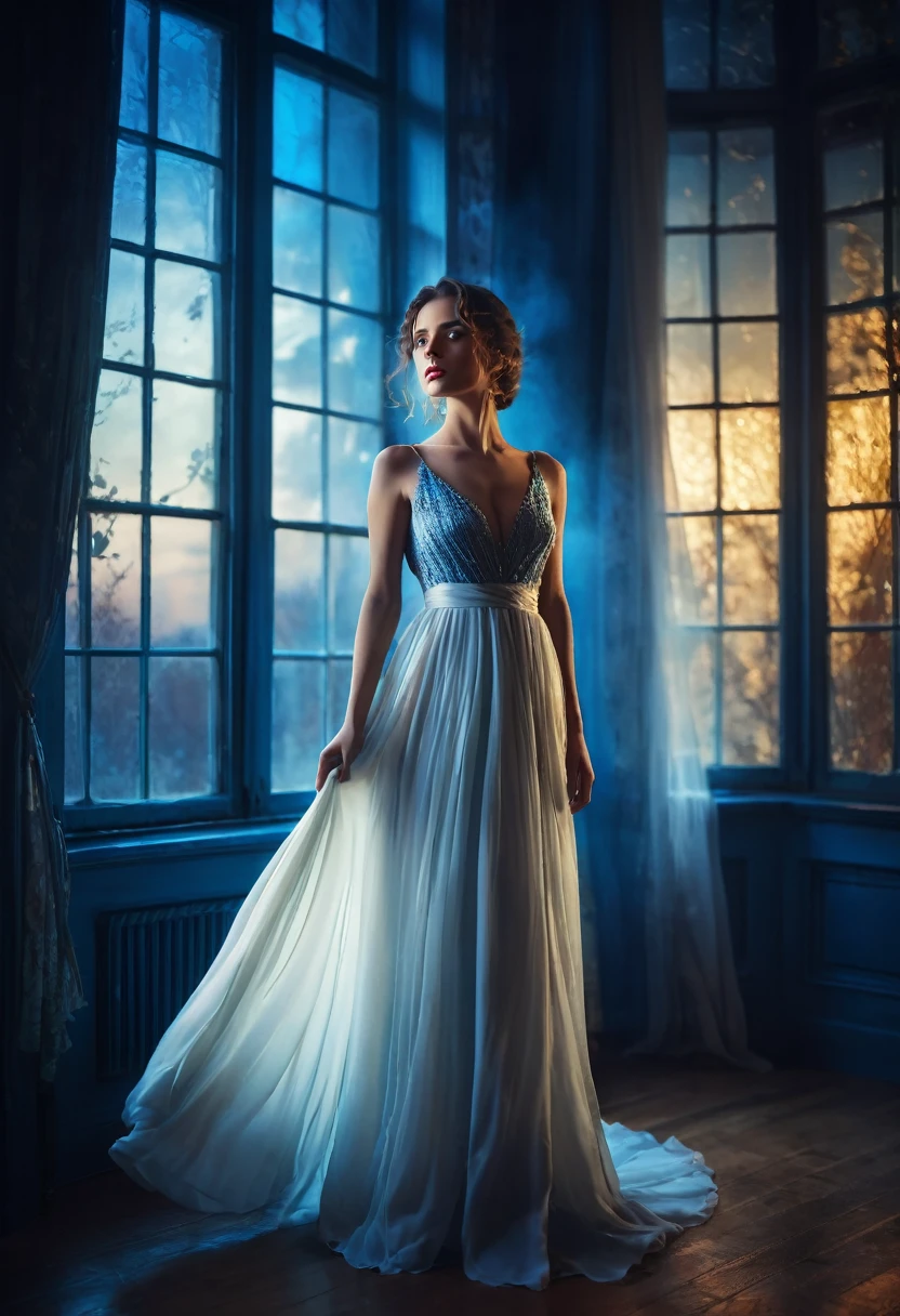 arafed woman in a dress standing in front of a window, a picture by Marie Bashkirtseff, shutterstock, romanticism, half-turned lady in evening gown, flowing gown, wearing a flowing dress, mysterious woman, haunting beautiful young woman, wearing a white flowing dress, flowing dress, woman in dress, extremely moody blue lighting, miss aniela
