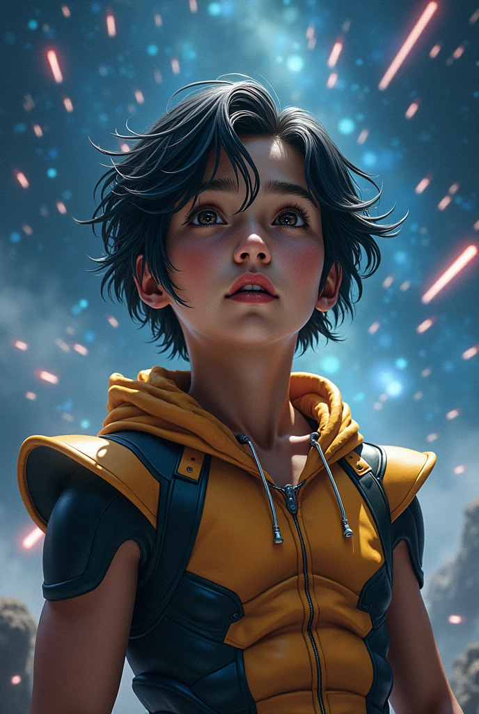 A transgender boy with medium mullet black hair, com olhos castanhos, de 1,57, with a lip piercing, eyebrow risks, wearing Wolverine's clothes in the middle of the multiverse with meteor showers 