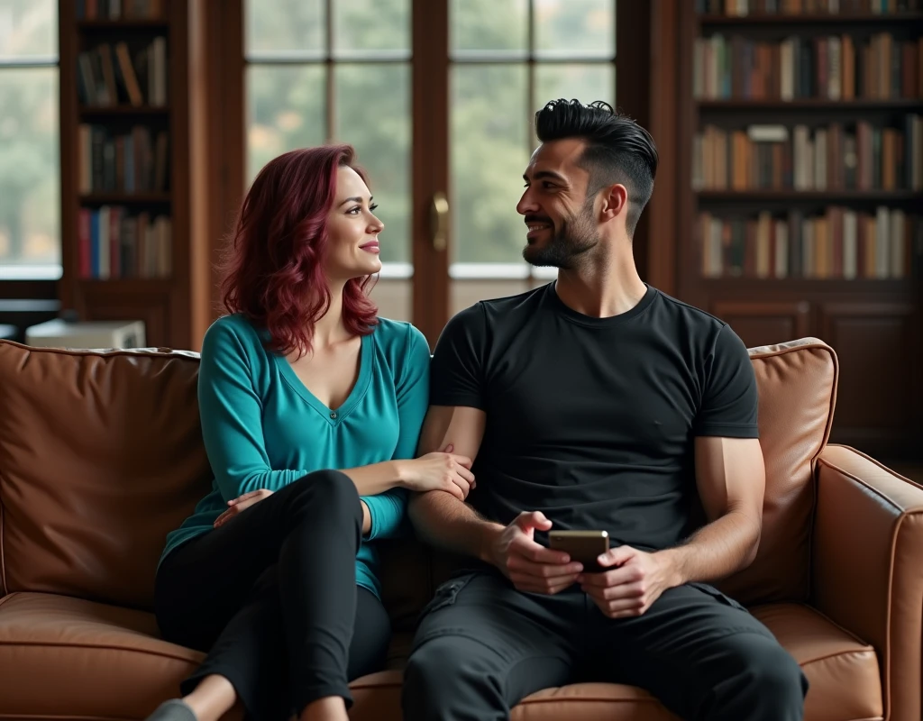 170 cm tall, 24-year-old woman with very pale skin, vibrant maroon wavy medium-length layered hair, parted to the side, fit figure, long turquoise top, black pants and grey flats with a tentative expression sits next to a far taller 209 cm tall, 29-year-old muscular attractive man with black short layered swept back wavy crew cut hair, short black facial hair, shirtless, Mediterranean-Native American features, black t-shirt and black cargo pants kind smile expression, sitting on a comfortable couch in front of window inside a huge empty dark wood library. Photorealistic, cinematic.
