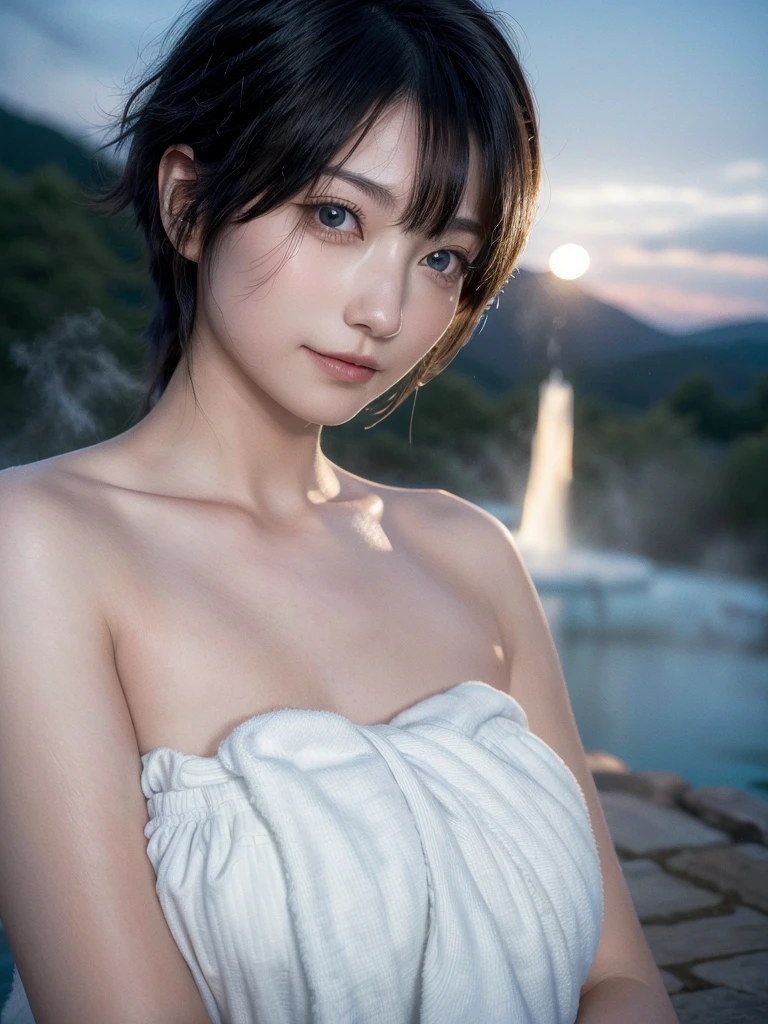 masterpiece、Highest quality、in 8K、black eye、Black Hair、(Photorealistic: 1.4)、(Depth of written boundary:1.2)、Ultra-detailed、High resolution、In detail、solo、(1 Female:1.2)、(Realistic Skin:1.2)、Beautiful woman、Perfect figure、Highly detailed eyes and face、Very detailed and beautiful eyes、Laughter:1.3、(Cover yourself with a large, thin white towel、Strapless:1.2)、(Geyser, hot spring:1.2)、(hot springに腰まで浸かっている:1.3),Nighttime hot springs,Starry Sky,