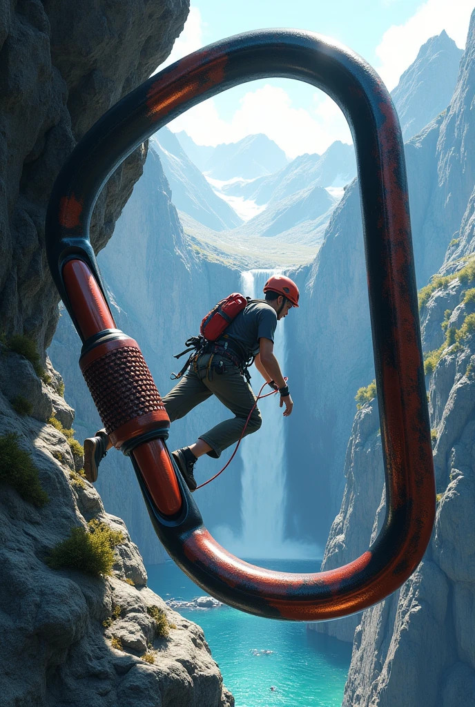 Draw carabiner, inside the carabiner draw a mountain with a waterfall and a person rappelling down