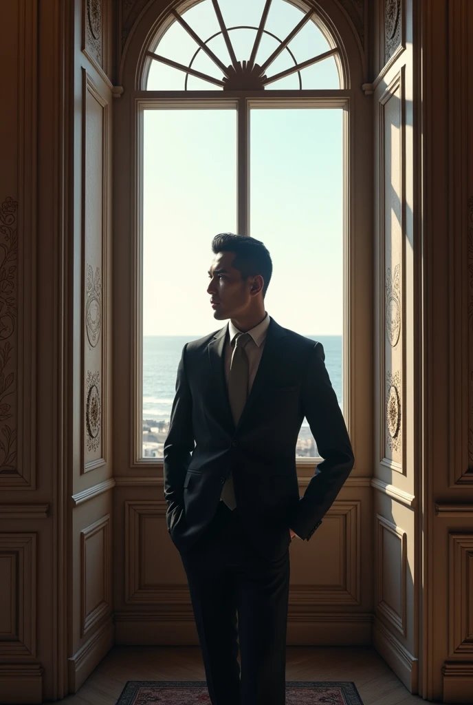 A man, suit and engraved, in a commercial price, looking at the horizon through the canalela happily, realism, 4k