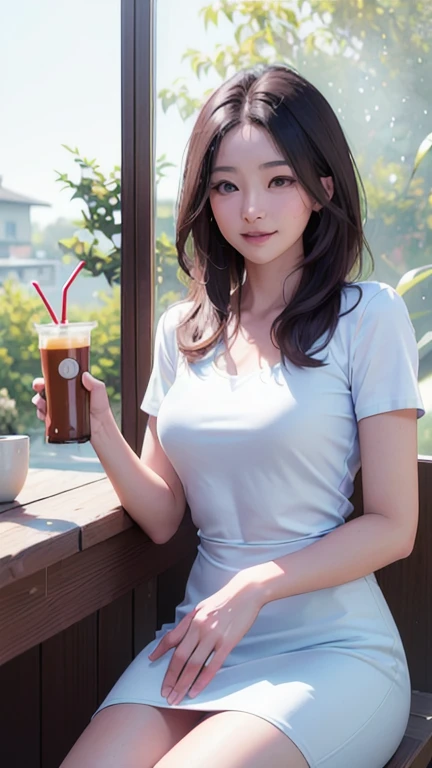 (In 8K、RAW shooting、Highest quality、Masseter region:1.2)、Very detailedな、Ultra-high resolution、(Realistic、Realistic photos:1.37)、Portraiture、High-resolution RAW color photos、Professional photography、hVery detailed and beautiful、Very detailed、8k wallpaper、Very detailedな、Large file size、Official Art、HVery detailed CG Unity 8K wallpapers、hVery detailed beautiful girl、Very detailed顔、Very detailed目、Very detailed皮膚、Very detailed指、hVery detailed nose、Very detailed詳細な口、Perfect Anatomy、Detailed Background、Detailed clothing、1 person、(20:1.2)、20th Generation、cute、Realistic body、((masterpiece, Highest quality, Highest quality, Official Art, beautifully、beautiful:1.2)),((masterpiece)),((Vibrant colors)),((Ayako Katagiri)),((Mischievous smile)),((smile)),((looks fun)),(((A moment of summer))),(((iced coffee))),(((Looking out the window)))