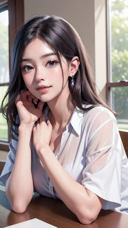 (In 8K、RAW shooting、Highest quality、Masseter region:1.2)、Very detailedな、Ultra-high resolution、(Realistic、Realistic photos:1.37)、Portraiture、High-resolution RAW color photos、Professional photography、hVery detailed and beautiful、Very detailed、8k wallpaper、Very detailedな、Large file size、Official Art、HVery detailed CG Unity 8K wallpapers、hVery detailed beautiful girl、Very detailed顔、Very detailed目、Very detailed皮膚、Very detailed指、hVery detailed nose、Very detailed詳細な口、Perfect Anatomy、Detailed Background、Detailed clothing、1 person、(20:1.2)、20th Generation、cute、Realistic body、((masterpiece, Highest quality, Highest quality, Official Art, beautifully、beautiful:1.2)),((masterpiece)),((Vibrant colors)),((Ayako Katagiri)),((Mischievous smile)),((smile)),((looks fun)),(((A moment of summer))),(((iced coffee))),(((Looking out the window)))