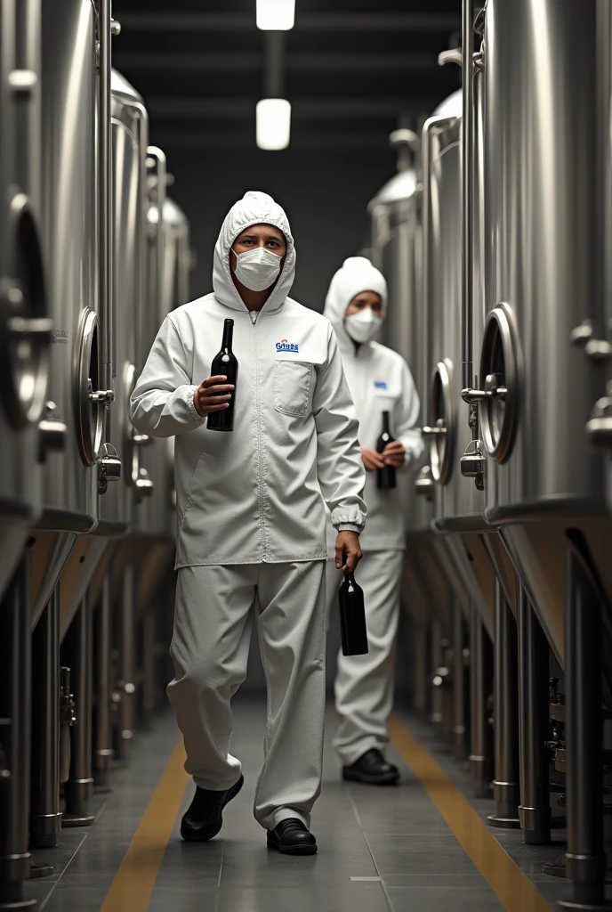 People wearing hygiene uniforms, next to wine fermentation tanks, a person holding a bottle of wine 
