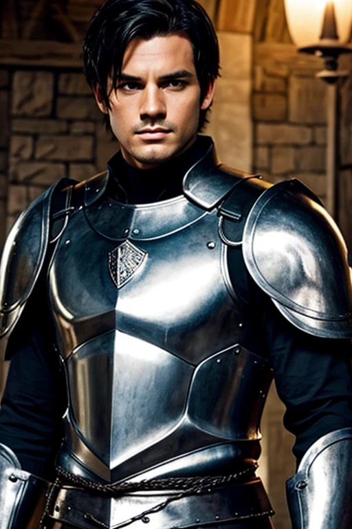 Create a man with black hair, wearing medieval armor with chainmail underneath and a silver sword sheathed on his back, His face is white, Short black hair, green eyes,