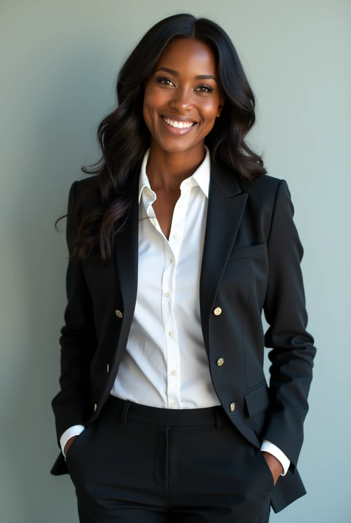 A smiling professional beautiful black lady wear a white shirt and a suit