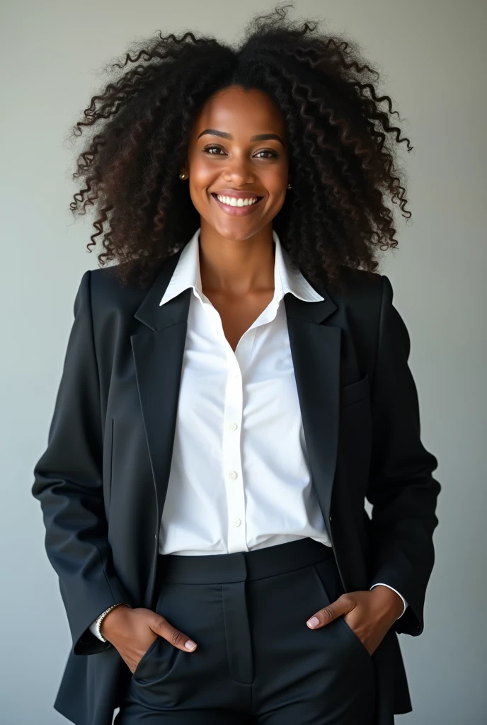 A smiling professional beautiful black lady wear a white shirt and a suit