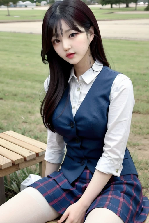Ulchan-6500-v1.1, (RAW photo:1.2), (Photoreal), (genuine:1.4), 1korean girl、 strikingly beautiful, delicate facial features, porcelain skin, expressive eyes, red lips, big breasts, perfect anatomy、20 years old、look at the camera、medium long hair、Plaid vest、((sit on the grass and eat lunch:1.0))、(super realistic pantyhose:1.2), (high heels)、(business services)、