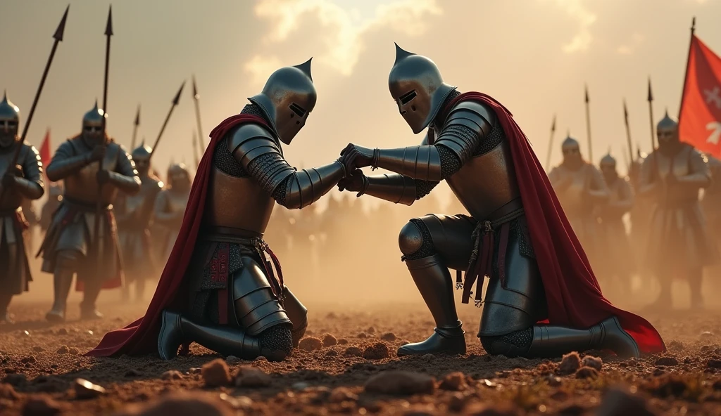 A highly realistic, high-contrast, 8K HD, detailed, hyper-detailed image of the Crusader knight from the provided image, kneeling beside a fallen comrade on the battlefield, grasping his hand to help him rise and continue the fight. The knight, clad in steel armor with a red cross on his tunic, reaches out with determination, pulling his comrade up from the ground, symbolizing their unyielding bond and shared resolve to keep fighting. The battlefield around them is chaotic, with dust, blood, and clashing steel filling the air, but the focus remains on the powerful connection between these two warriors. The dramatic lighting highlights the strength and courage of the scene, capturing the moment of solidarity and resolve as the Crusader knights prepare to face their enemies together once more. The image is of the highest quality, with ultra-high resolution, RAW photo quality, and Unreal Engine rendering, showcasing the heroism and camaraderie of the Crusader knights.