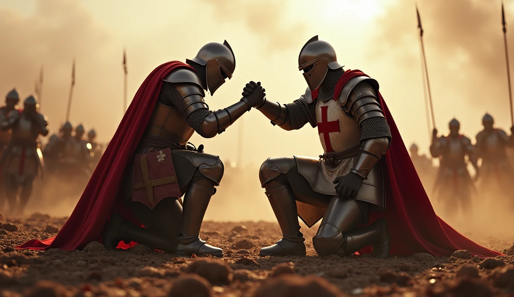 A highly realistic, high-contrast, 8K HD, detailed, hyper-detailed image of the Crusader knight from the provided image, kneeling beside a fallen comrade on the battlefield, grasping his hand to help him rise and continue the fight. The knight, clad in steel armor with a red cross on his tunic, reaches out with determination, pulling his comrade up from the ground, symbolizing their unyielding bond and shared resolve to keep fighting. The battlefield around them is chaotic, with dust, blood, and clashing steel filling the air, but the focus remains on the powerful connection between these two warriors. The dramatic lighting highlights the strength and courage of the scene, capturing the moment of solidarity and resolve as the Crusader knights prepare to face their enemies together once more. The image is of the highest quality, with ultra-high resolution, RAW photo quality, and Unreal Engine rendering, showcasing the heroism and camaraderie of the Crusader knights.