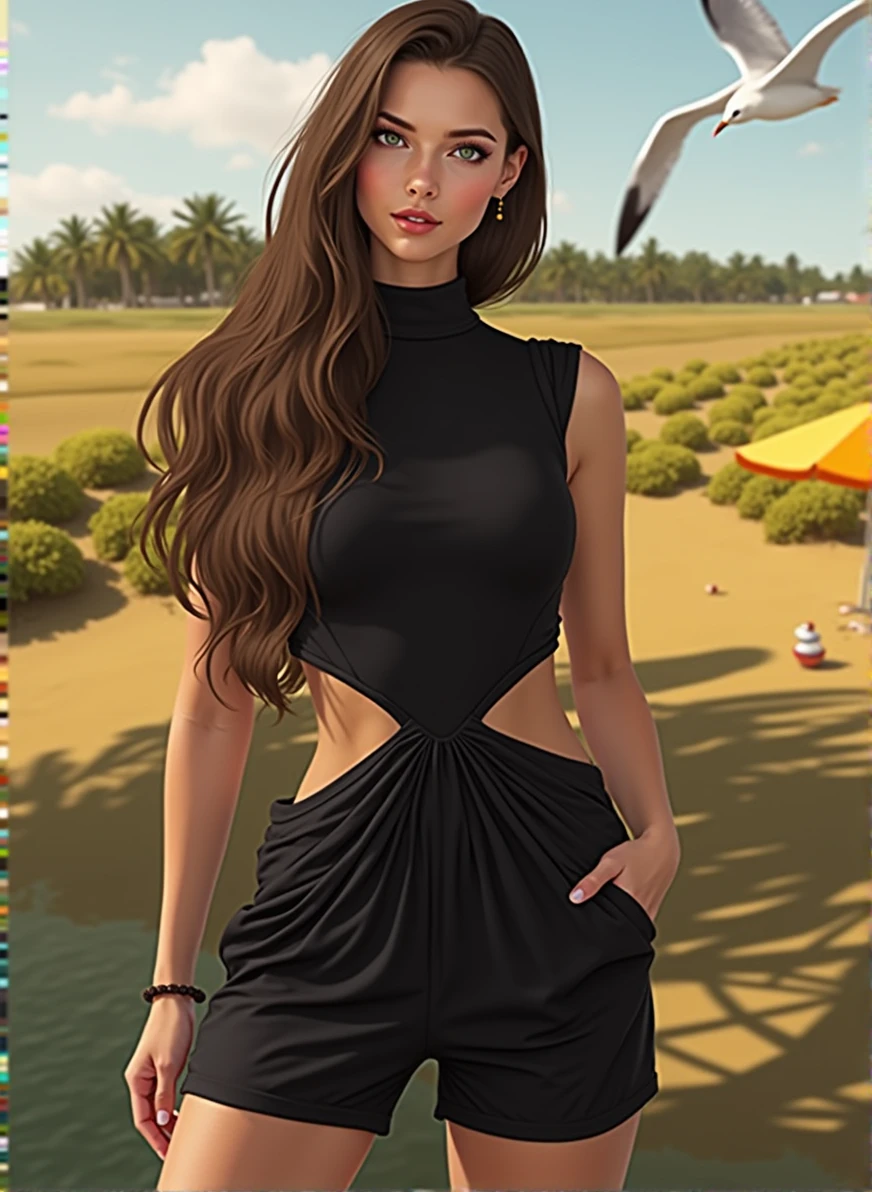On a beach in a swimsuit