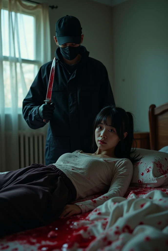 2 korean girls, (behind corpse, holding knife), black surgical mask, black gloves, room full of blood, black raincoat, trucker hat, holding knife, black gloves, woman on top, behind multiple corpse, blood splatter, bed room, mass murderer, killer, low pony tail, blood splatter, dark atmosphere, cinematic lighting, atmospheric realistic, light from the window, close-up,

