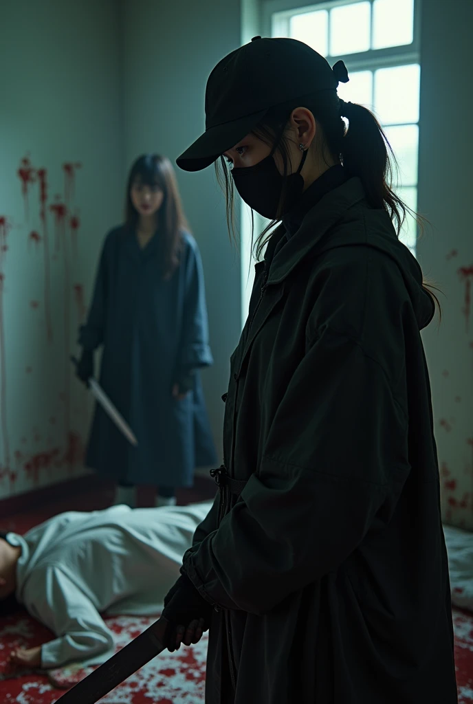 2 korean girls, (behind corpse, holding knife), black surgical mask, black gloves, room full of blood, black raincoat, trucker hat, holding knife, black gloves, woman on top, behind multiple corpse, blood splatter, bed room, mass murderer, killer, low pony tail, blood splatter, dark atmosphere, cinematic lighting, atmospheric realistic, light from the window, close-up,