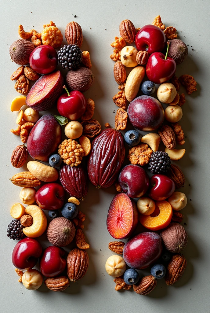 NH letters shapes Filled with cherry, nuts, plums, cashews, dates and dry fruit pieces on a table