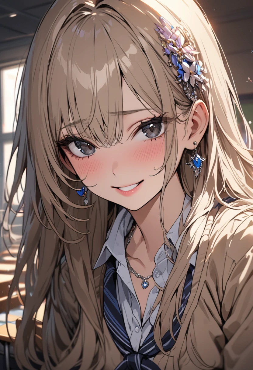 masterpiece, best quality, ultra-detailed, extremely detailed, 4K, 8K, best quality, beautiful, upper body, close-up of face, detailed face, in the classroom, a pretty woman, solo, school uniform, beautiful light brown hair, beautiful black eyes, beautiful eyes, long hair, lip, hair ornaments, ribon, necklace, smile, ashamed