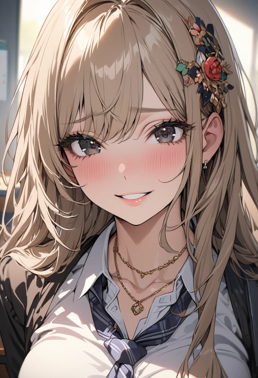 masterpiece, best quality, ultra-detailed, extremely detailed, 4K, 8K, best quality, beautiful, upper body, close-up of face, detailed face, in the classroom, a pretty woman, solo, school uniform, beautiful light brown hair, beautiful black eyes, beautiful eyes, long hair, lip, hair ornaments, ribon, necklace, smile, ashamed