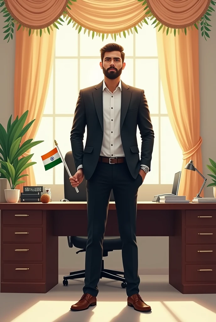 “Illustration of a professional Indian man in an office standing, wearing a smart black white suit with a touch of the Indian flag colors in her accessories. he’s holding a small Indian flag and seat in front of a desk with a festive Independence Day decoration. The text ‘Empowering India GIRRAJ CHAUHAN’ is displayed in elegant script at the top.”