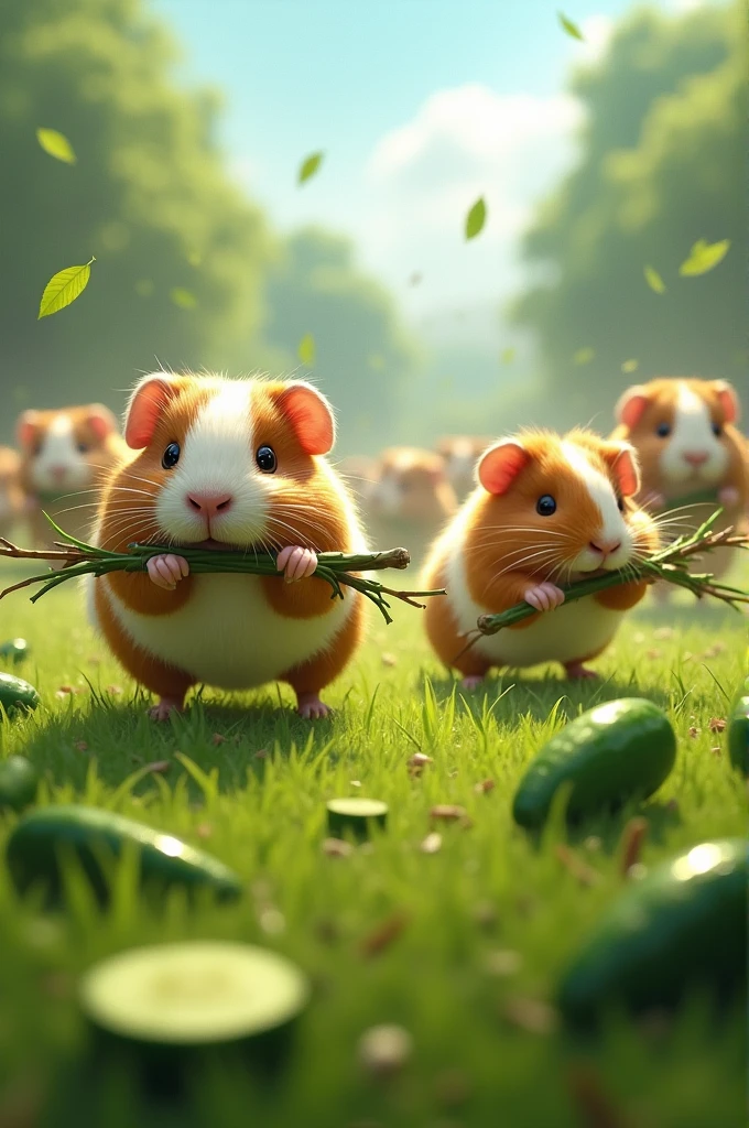 Guinea pig war for grass and cucumbers