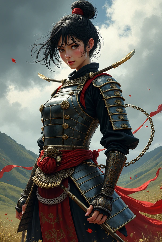 Sengoku period illustration, female, samurai armor, short hair, kusarigama
