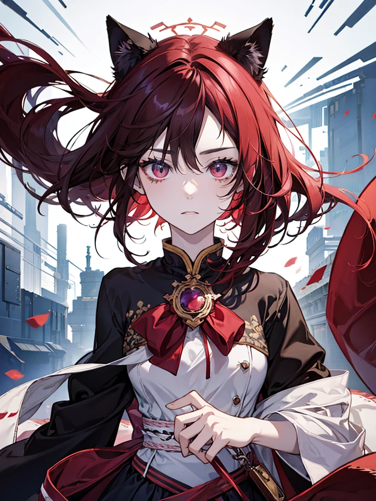 、Cat ears、Red gradient hair、Red eyes、Short messy hair、Hair between the eyes、Clothes are hoodies、(Half Body、Are standing、No sleeve、Muscular、Broad shoulders)、Detailed face、Beautiful detailed eyes、Beautiful detailed lips、Highly detailed eyes and face、Long eyelashes、intricate strands of hair、high quality、8k、Photorealistic、Studio Lighting、Super Fine Art、Sharp Focus、Physically Based Rendering、Bright colors、Anime Style、Digital Art