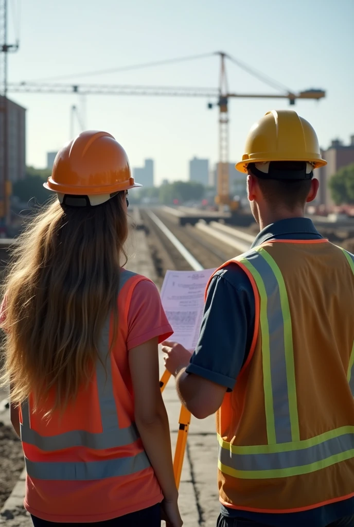 A girl with long hair conducting a survey with a construction engineer, a real photo from the back.