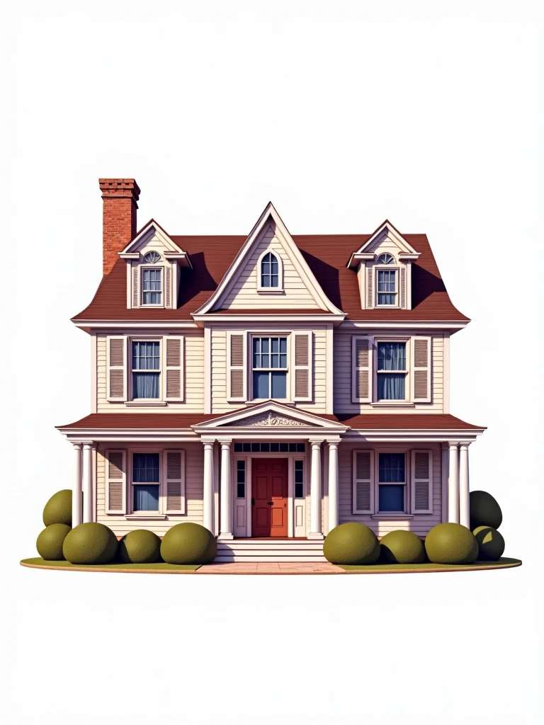 Create a logo with a classic colonial architecture style. In the center, feature a lilac and brown house with a sign that reads 'Home Sweet Home'. The design should be highly detailed and reflect traditional colonial architecture. Use a plain white background with no additional elements, and ensure the house is perfectly cut out for use as a product label, conveying a 'colonial architecture' vibe."