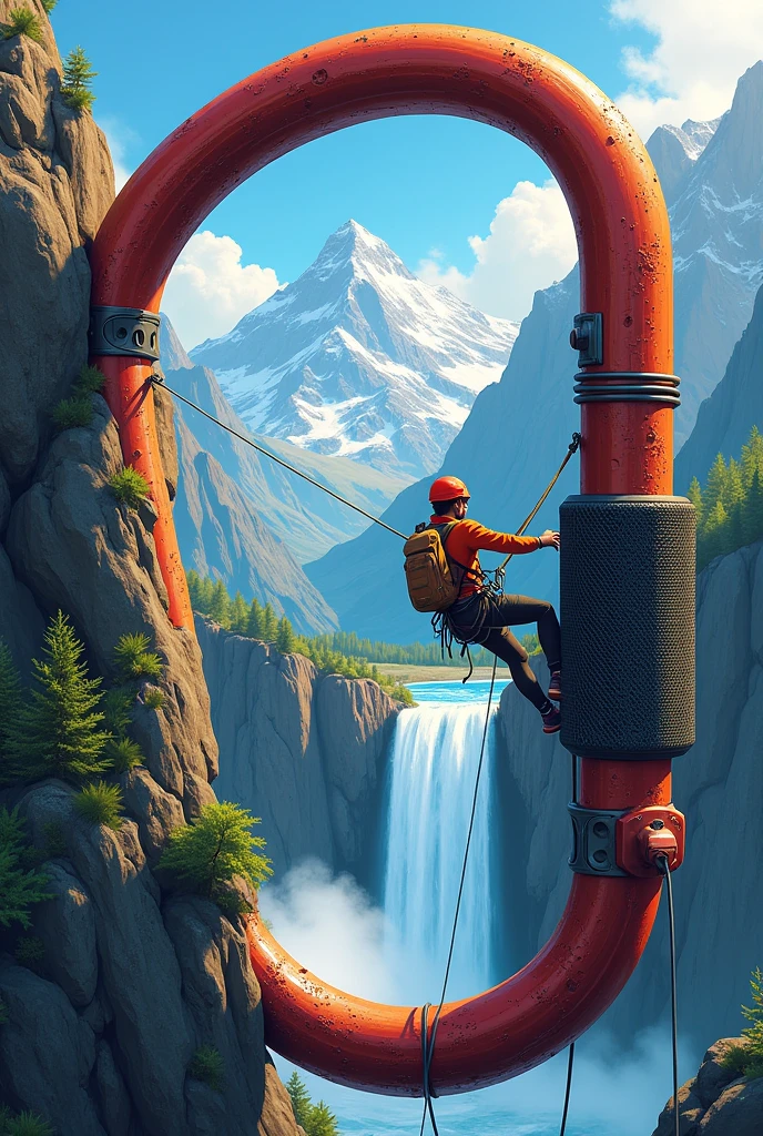 Draw carabiner, inside the carabiner draw a mountain with a waterfall and a person rappelling down