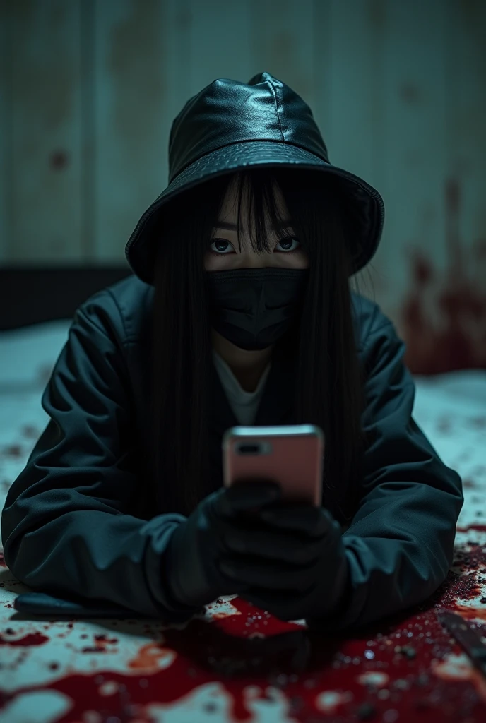 korean girl, (behind ??????, smartphone), black surgical mask, black gloves, room ?????????????, black raincoat, bucket hat, holding knife, black gloves, woman on top, looking at viewer, behind ??????, blood splatter, on the bed, night, mass murderer, killer, long bangs, blood splatter, dark atmosphere, cinematic lighting, atmospheric realistic, close-up, take a photo with her smartphone
