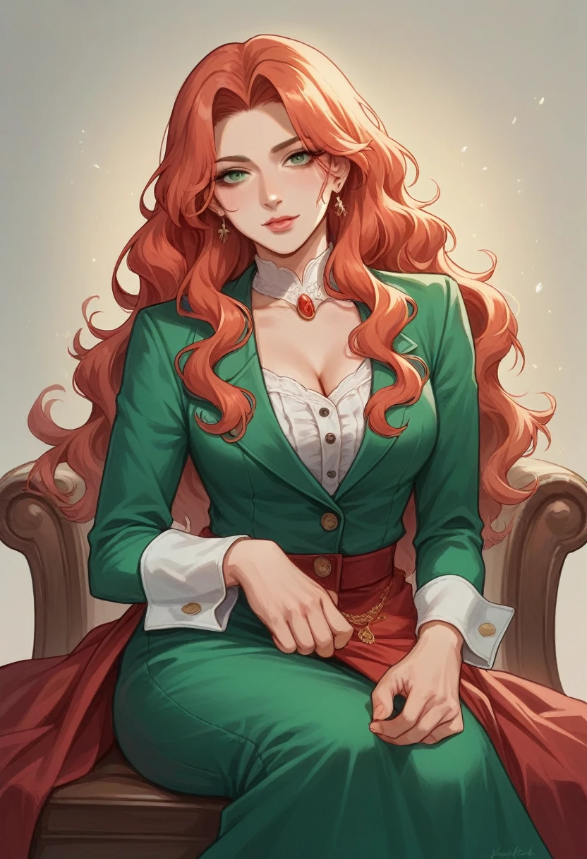 a 3d realistic portrait of a young woman with white long wavy hair and fair complexion sitting like a gangster on top of a love chair, with a white lion beside her. The character must wear a red mafia outfit. The background of the character is angels wing with a name KATRINA on the back ground. the background color is black and red.
