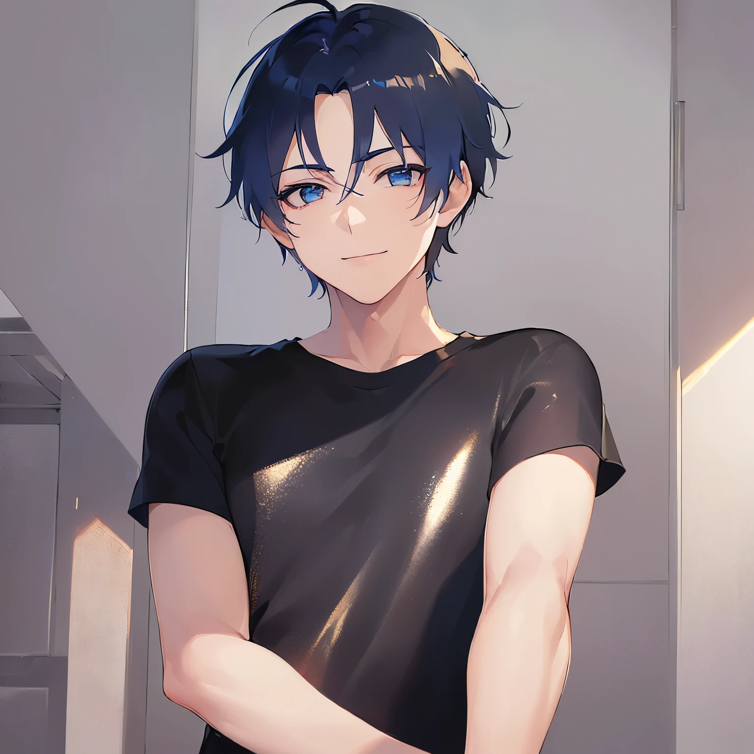 (looking at viewer:1.5)Upper Body,
shiny skin, masterpiece、Highest quality、
(25-year-old male:1.5) and (Black short hair) and (blue eyes),
(T shirts),
smile,The background is the living room