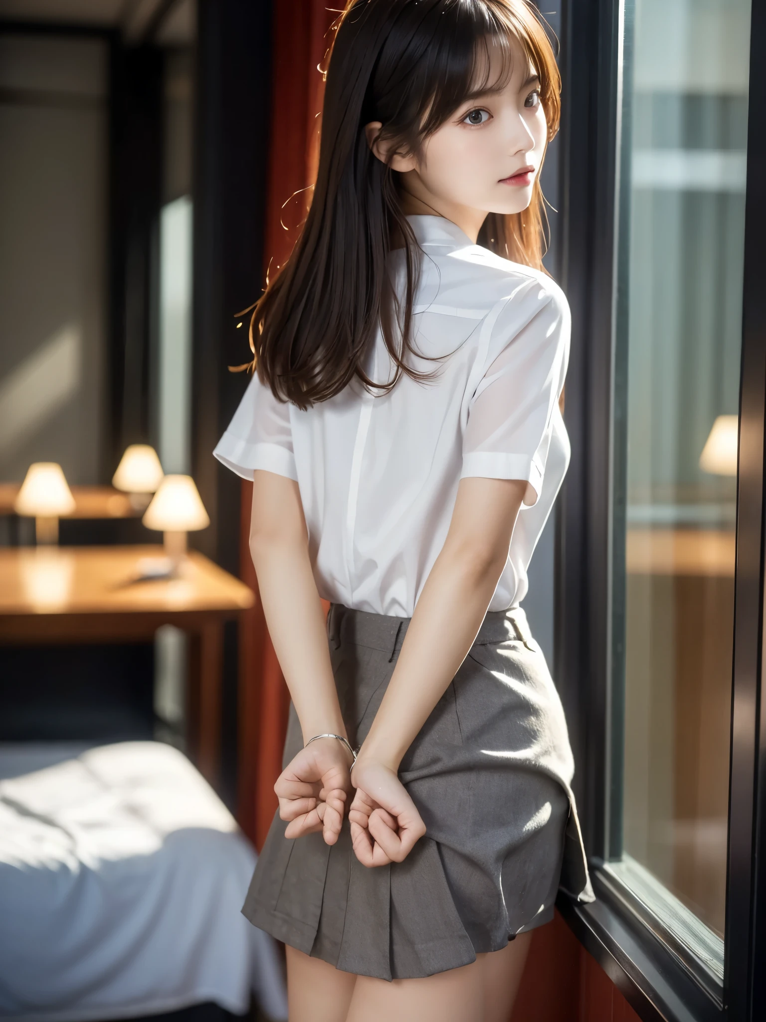 woman、her hands are tied、((put your hands behind your back))、((Place your hands together and cross them behind your back))、(((Her wrists are tied with rope)))、shibari、Beauty、20Year、university student、(anatomicaly, Has two arms and two hands)、In a lighted hotel room、Standing by the window、Outside the window is the night sky、There are many stars、Wearing a short-sleeved blouse、Wear a high school student-style miniskirt、Uniform eyes、Proportional ratio、Small breasts、Small face、(I can see from head to heel), Black Hair, bangs, swept bangs, Straight hair, Nervous, Messy Hair, Floating hair, Cinema Lighting, tachi-e, First-person view, throw, From behind, F/1.2, Nikon, Surrealism, 超High resolution, Highest quality, High resolution, 8k, Textured skin, anatomicaly正しい体,