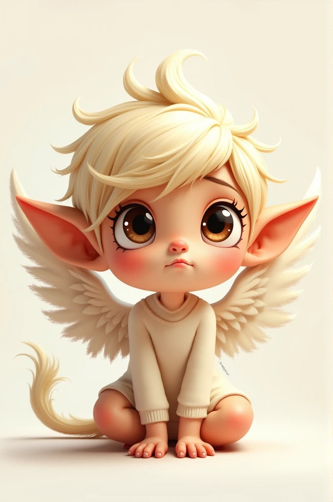 Make a Cartoon Character, with platinum hair brown eyes almost gray, with wings not very calling. With a serious expression,and eyes open, a little ignorant,