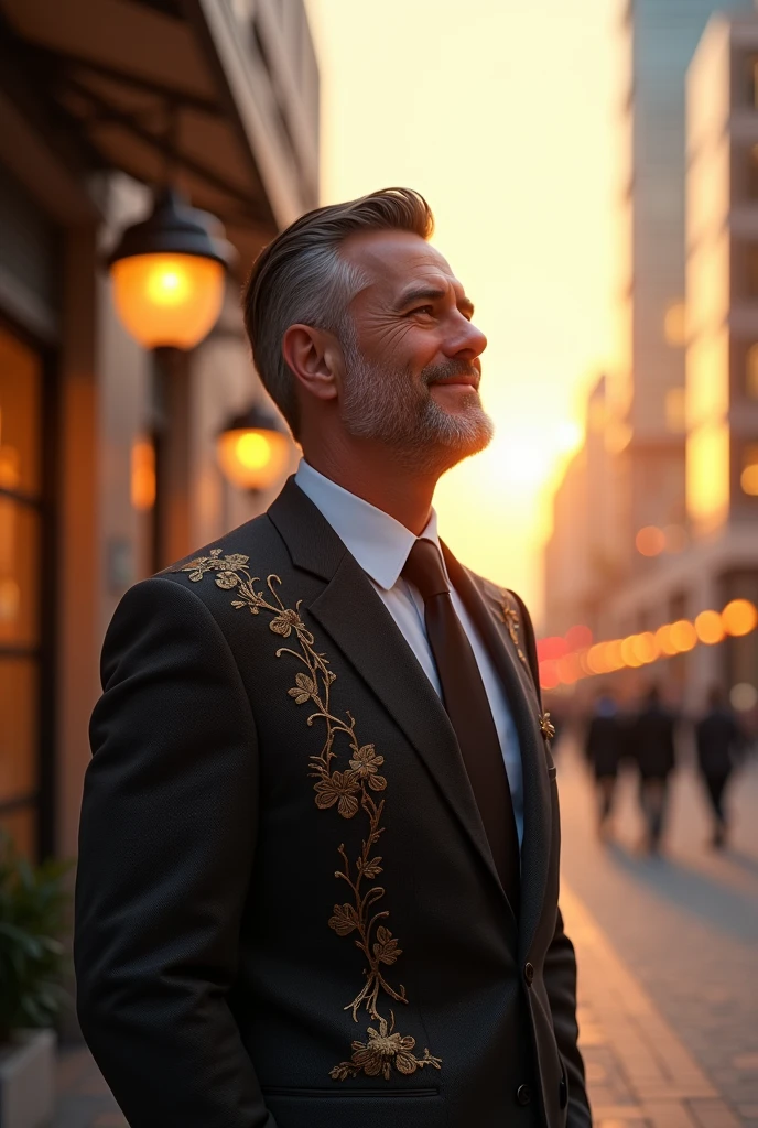 A man, suit and engraved, in a commercial price, looking at the horizon through the canalela happily, realism, 4k