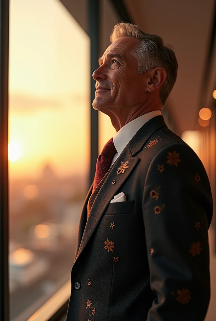 A man, suit and engraved, in a commercial price, looking at the horizon through the canalela happily, realism, 4k