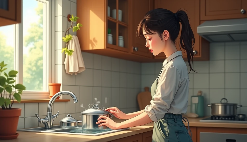 Girl washing dishes