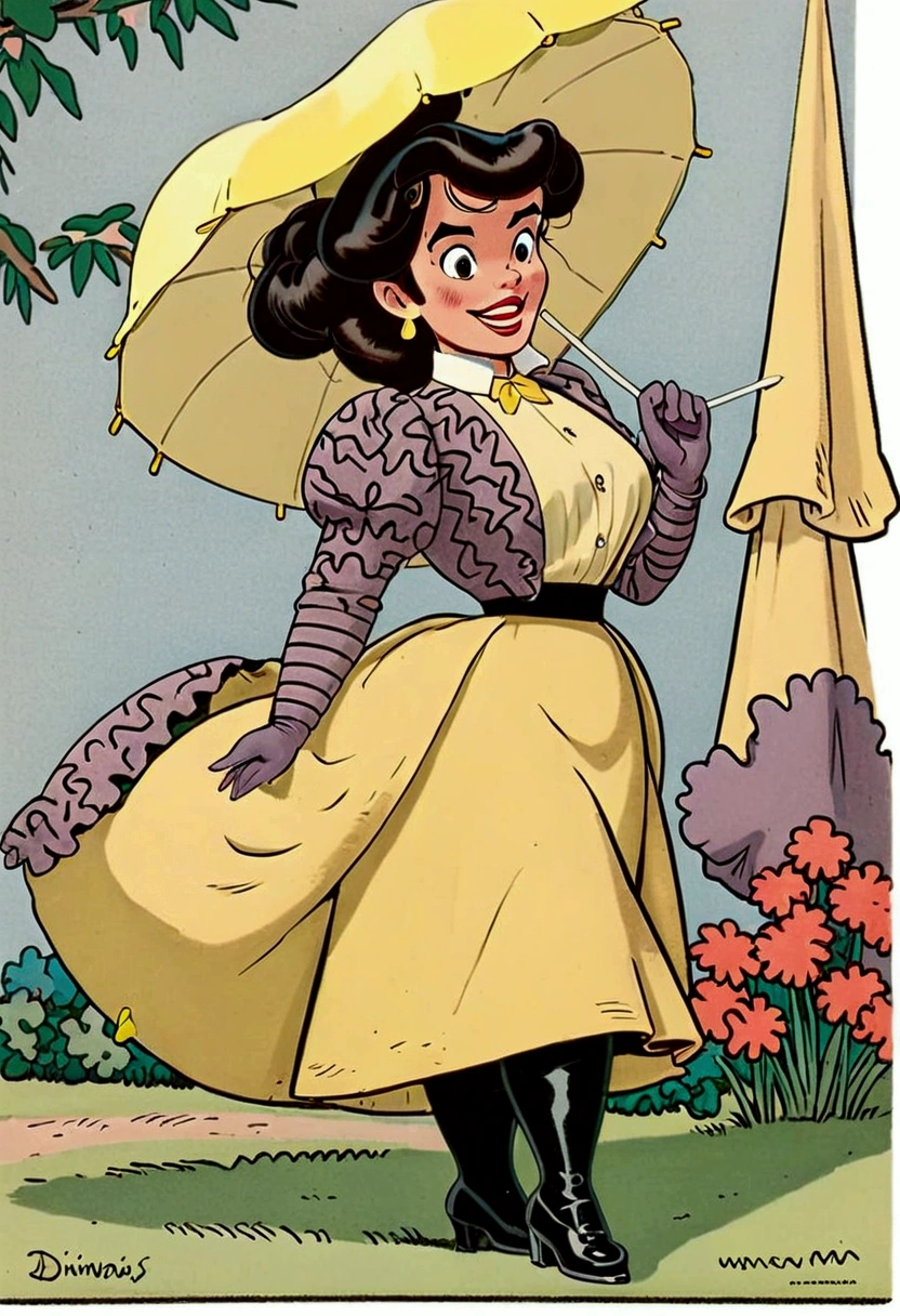 Year 1899. Solo. Veronica Lodge as a gorgeous thicc brunette 15yo thot of the Gilded Age flirting with an old man. 1890_dr3ss. Sexually insatiable. Nympho. Lifting her skirt, showing some leg. Holding a parasol. Yellow high-collar long sleeve dress. Yellow hat. Long skirt. Petticoats. Silk stockings. Boots. Large bosom, wasp waist, big booty. Full body