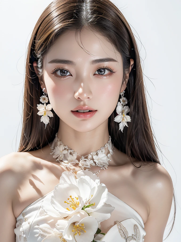 White Background、Professional Lighting、(((Professional Lighting 1.5)))、Translucent skin texture、Beautiful Skin、Beautiful Skin、、(((Whitening 1.5)))、、、音符のEcstasy、((Floral Dress 1.5))、Open your chest wide 1.4、Very good、Mid-shot photo、Simple Earrings、((Brown Hair))、Tie your hair、Sex Appeal、Sex Appeal、Ecstasy、(((Mid-shot photo1.5))、(((1.85)))