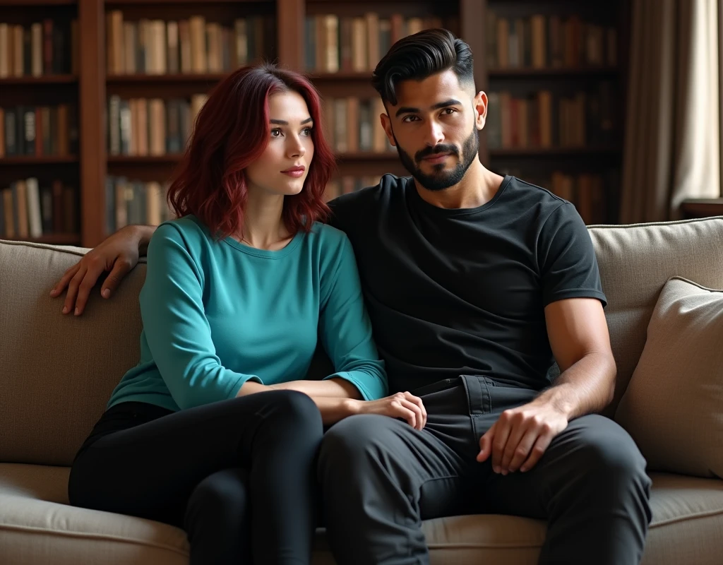 170 cm tall, 24-year-old woman with very pale skin, vibrant maroon wavy medium-length layered hair, parted to the side, fit figure, long turquoise top, black pants and grey flats with a tentative expression sits next to a very tall 209 cm tall, 29-year-old muscular attractive man with black short layered swept back wavy crew cut hair, short black facial hair, shirtless, Mediterranean-Native American features, black t-shirt and black cargo pants kind smile expression, sitting on a comfortable love seat inside a huge empty dark wood library. Photorealistic, cinematic.