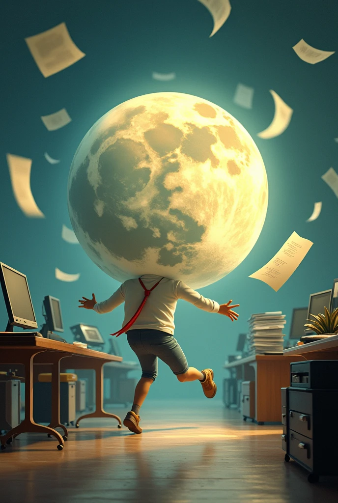 Pretty moon running with documents in the office