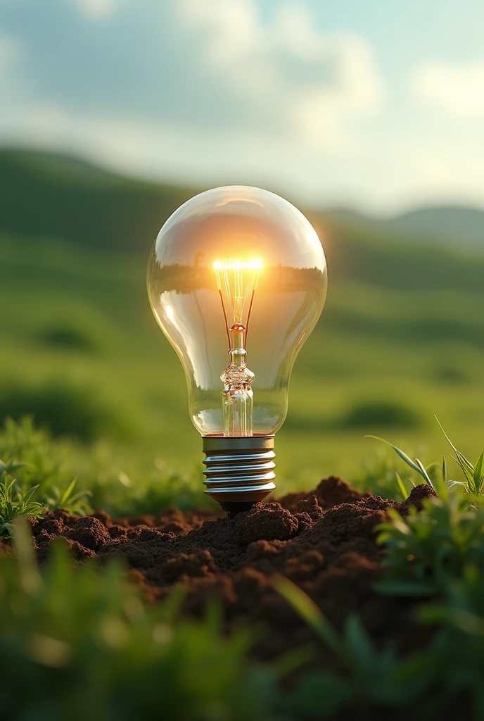 Draw a scene of generating electricity from soil using one lightbulb, showcasing the innovative aspect.。Please set the scene in a field.16:9 please
