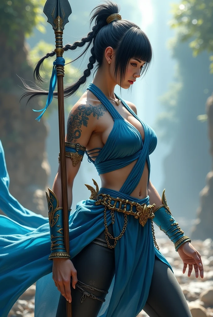 Thai female warrior, black short hair, tight pants, shark theme, blue dress, spear weapon