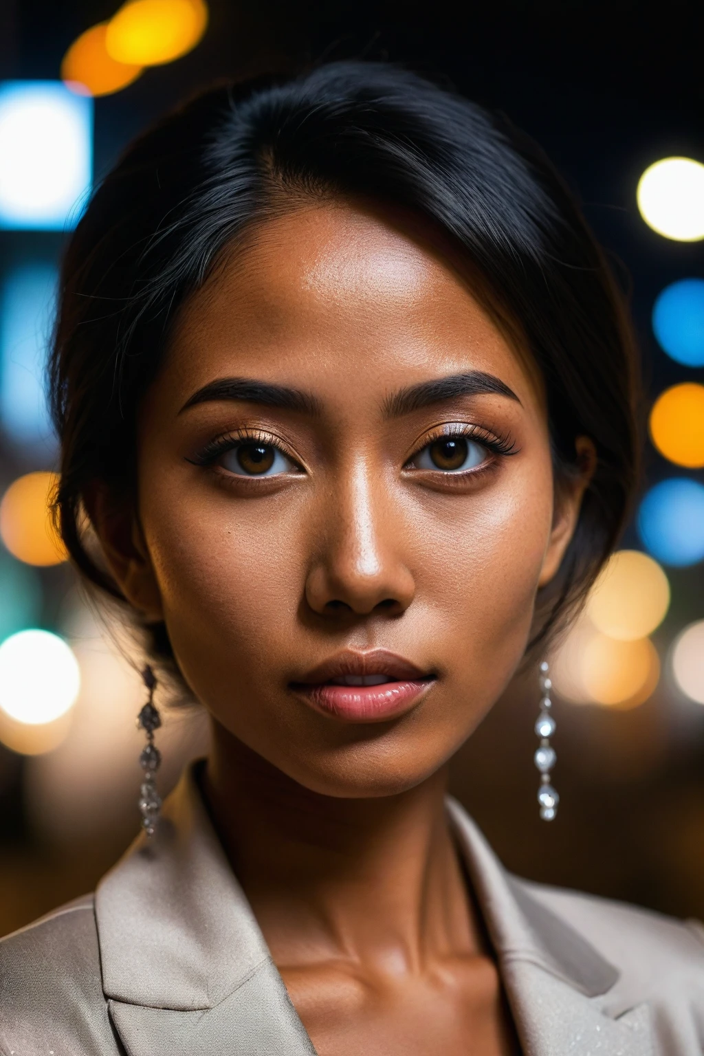 (perfect eyes), (detailed skin), (half-body portrait), Photorealistic Indonesian woman, late 20s, captivating beauty, almond-shaped eyes, nighttime business district, street lights illuminating radiant features, formal attire, reflections on glass, serene expression, vibrant urban backdrop, detailxl