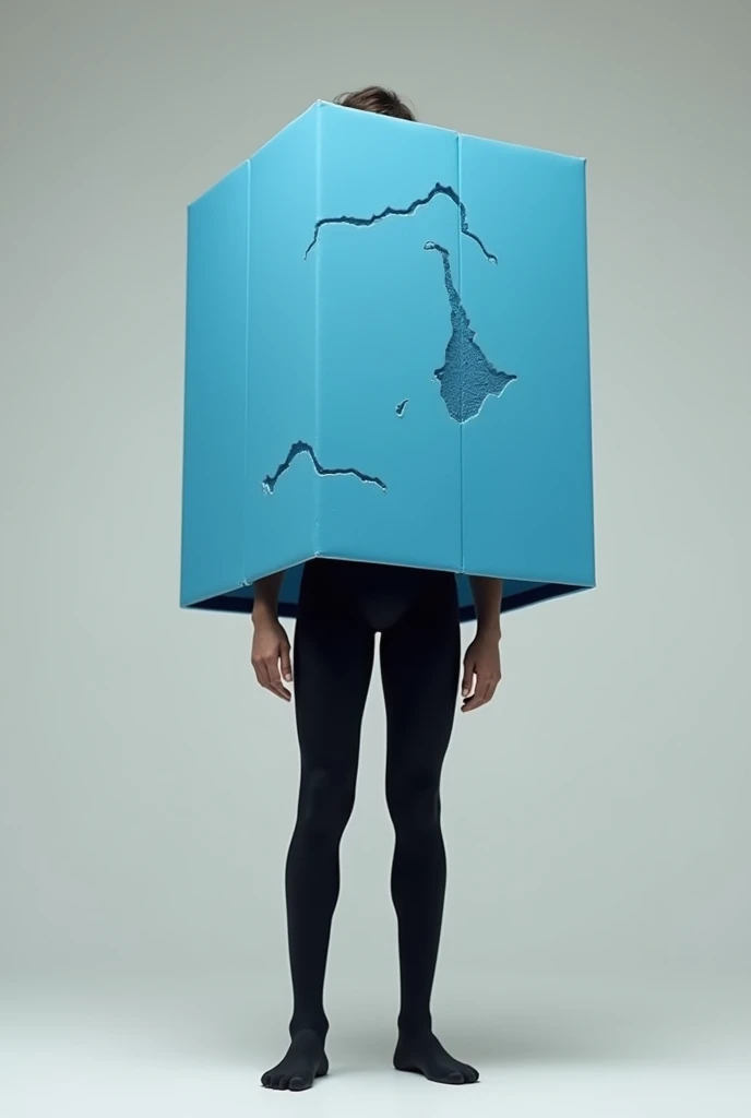 A man in black tights wearing a sky-blue cardboard box shaped like Lake Biwa up to his stomach.