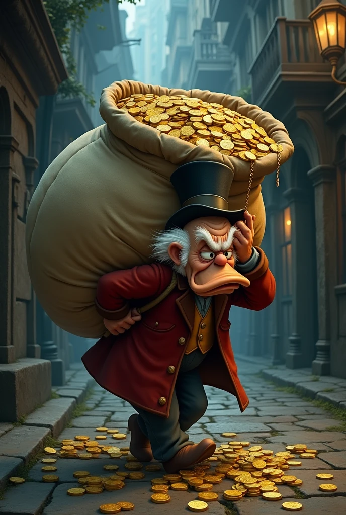 Uncle Scrooge holding a bag of money on his back