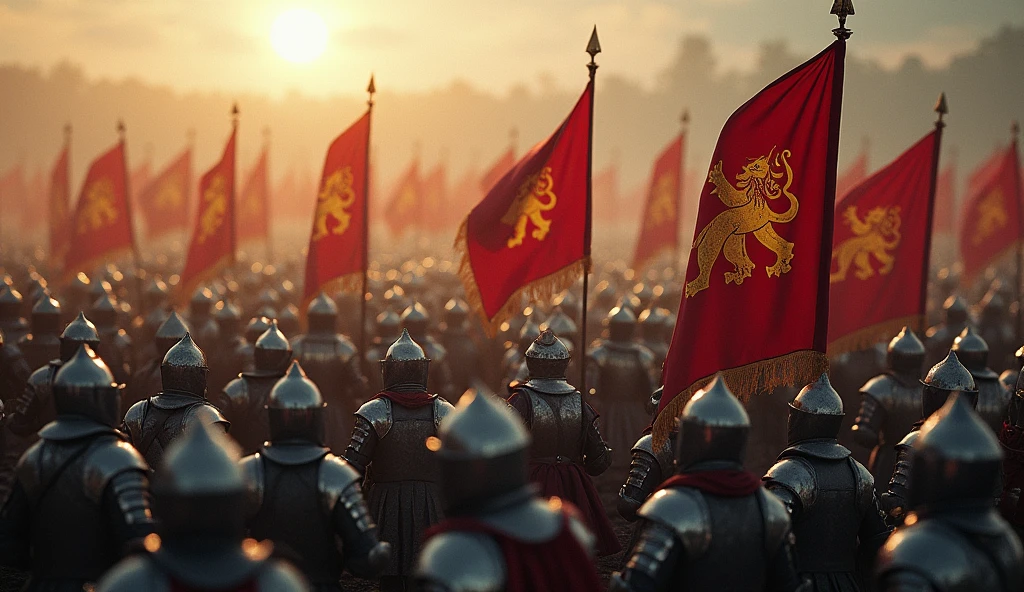 A highly realistic, high-contrast, 8K HD, detailed, hyper-detailed image of a medieval knight army gathered on a battlefield, viewed from above. The knights, clad in steel armor, stand united in formation. Their banners and flags proudly display a lion emblem, fluttering in the wind as they prepare for battle. The atmosphere is filled with anticipation and resolve, as the knights gather under their powerful symbol. The dramatic lighting enhances the shine of their armor and the strong unity of the assembled forces. The image is of the highest quality, with ultra-high resolution, RAW photo quality, and Unreal Engine rendering, capturing the strength and determination of the knights as they stand ready for the fight, united under the lion emblem.
