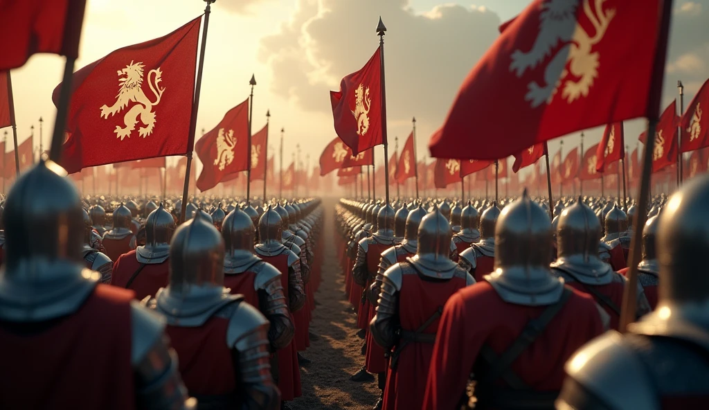 A highly realistic, high-contrast, 8K HD, detailed, hyper-detailed image of a medieval knight army gathered on a battlefield, viewed from above. The knights, clad in steel armor, stand united in formation. Their banners and flags proudly display a lion emblem, fluttering in the wind as they prepare for battle. The atmosphere is filled with anticipation and resolve, as the knights gather under their powerful symbol. The dramatic lighting enhances the shine of their armor and the strong unity of the assembled forces. The image is of the highest quality, with ultra-high resolution, RAW photo quality, and Unreal Engine rendering, capturing the strength and determination of the knights as they stand ready for the fight, united under the lion emblem.
