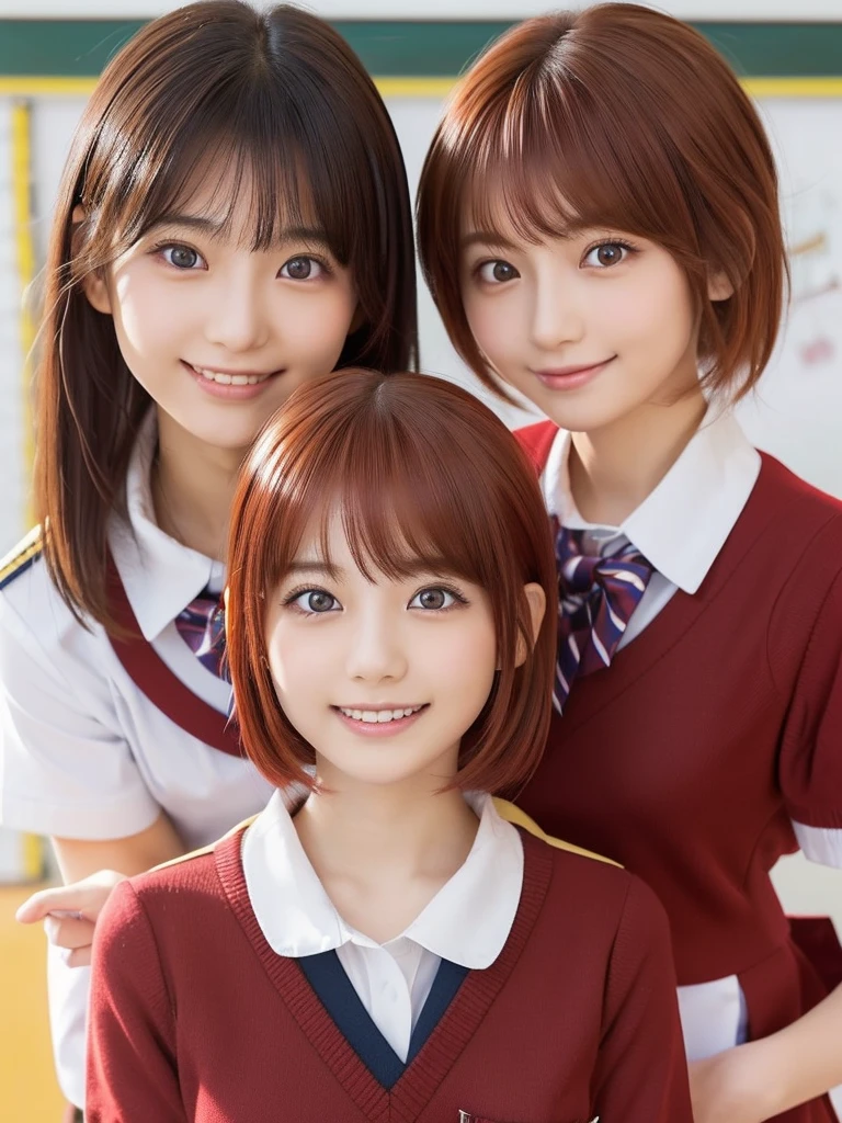 (2 beautiful japanese girls in bright lighting, facelight, photorealistic, adult, cute, sexy, slim, very beautiful detailed eyes, half-lidded eyes, extremely detailed face, (very short fluffy hair:1.0), (red hair color:1.2), clear eyes, (ecstasy, orgasm, erotic:1.0), close-up of face, smiling, (school uniform:1.5))